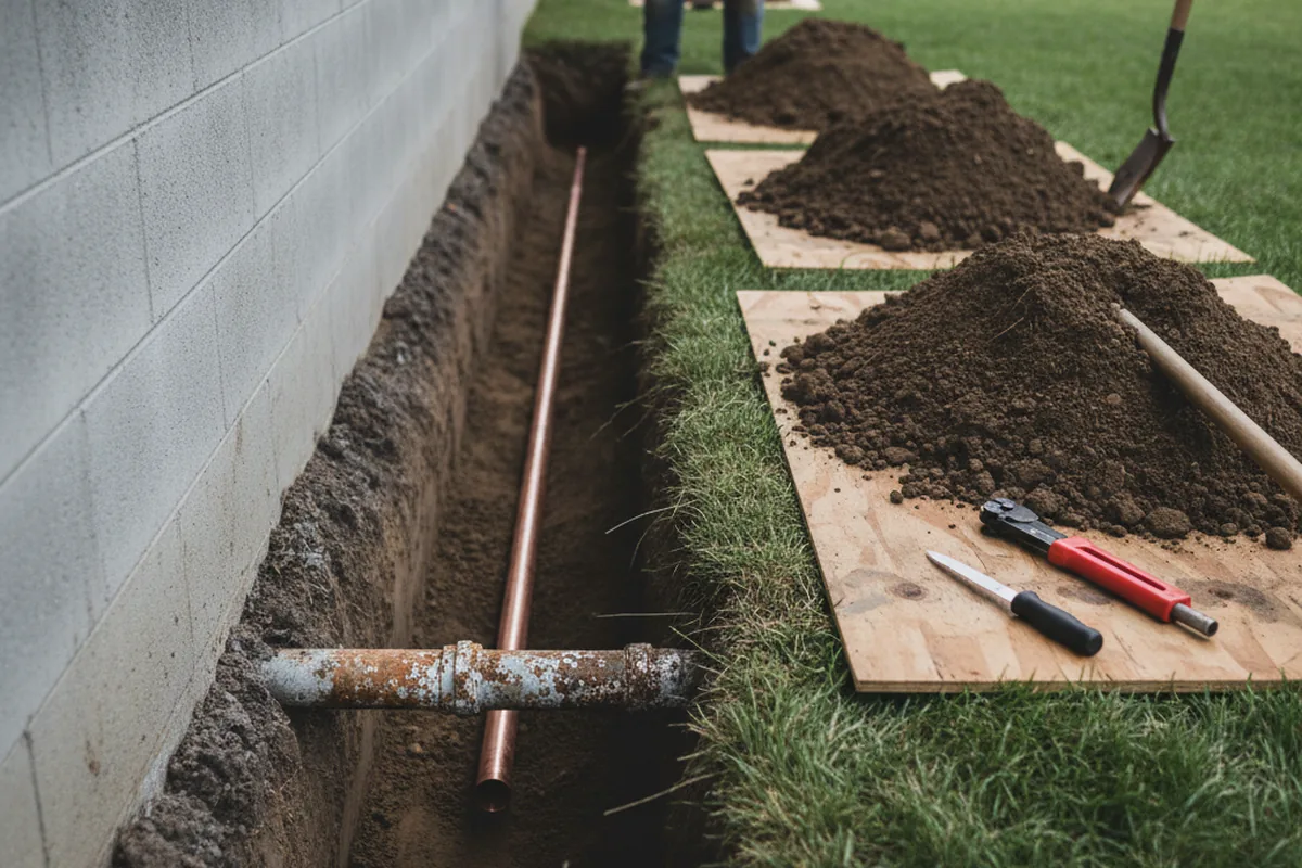 Excavated water line trench during Sewer Line Repair in Lodi